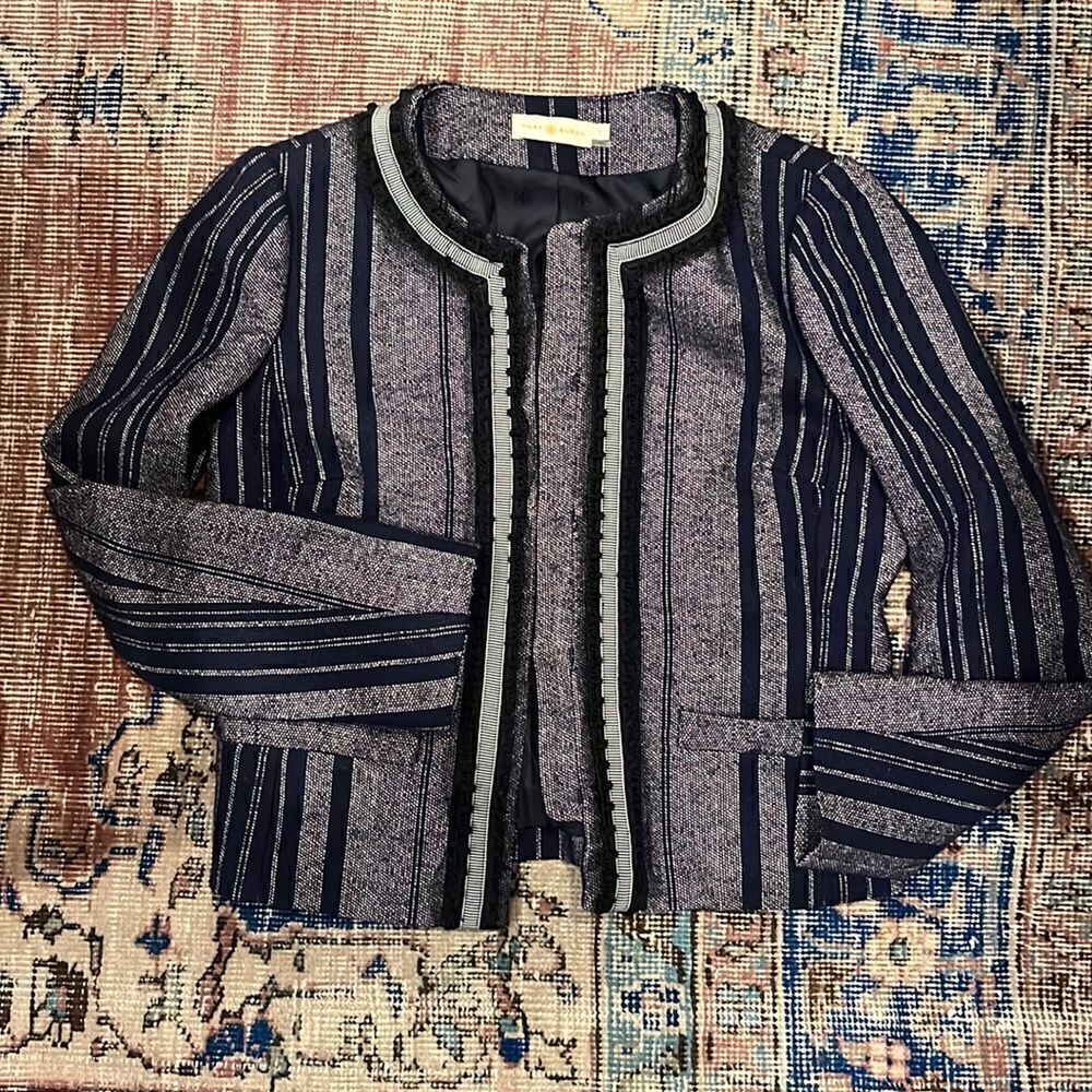 Tory Burch Navy Blue Tweed Striped Jacket Blazer Pom Pom Tulle Trims